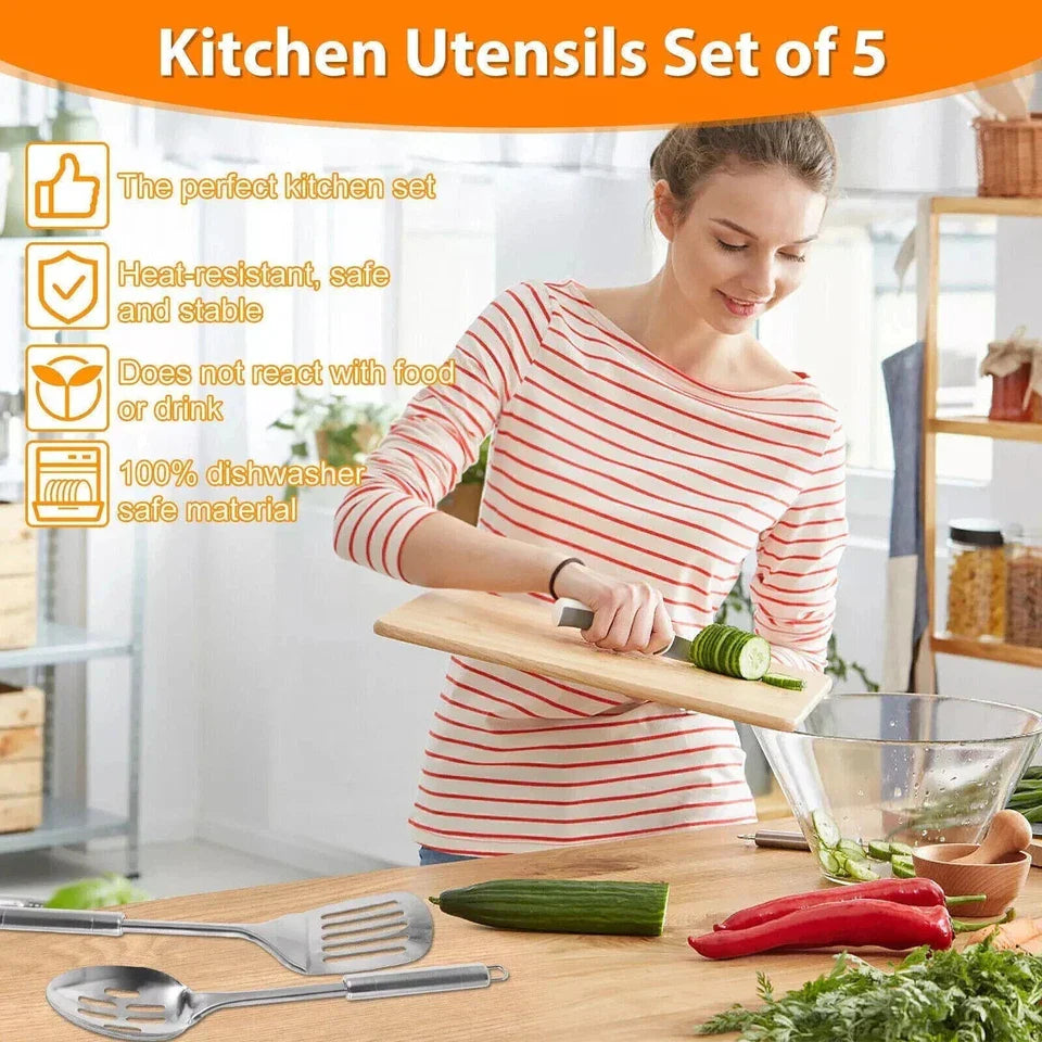 New 5 Pcs Kitchen Cooking Utensils Set Stainless Steel Spoons and Spatula Set US