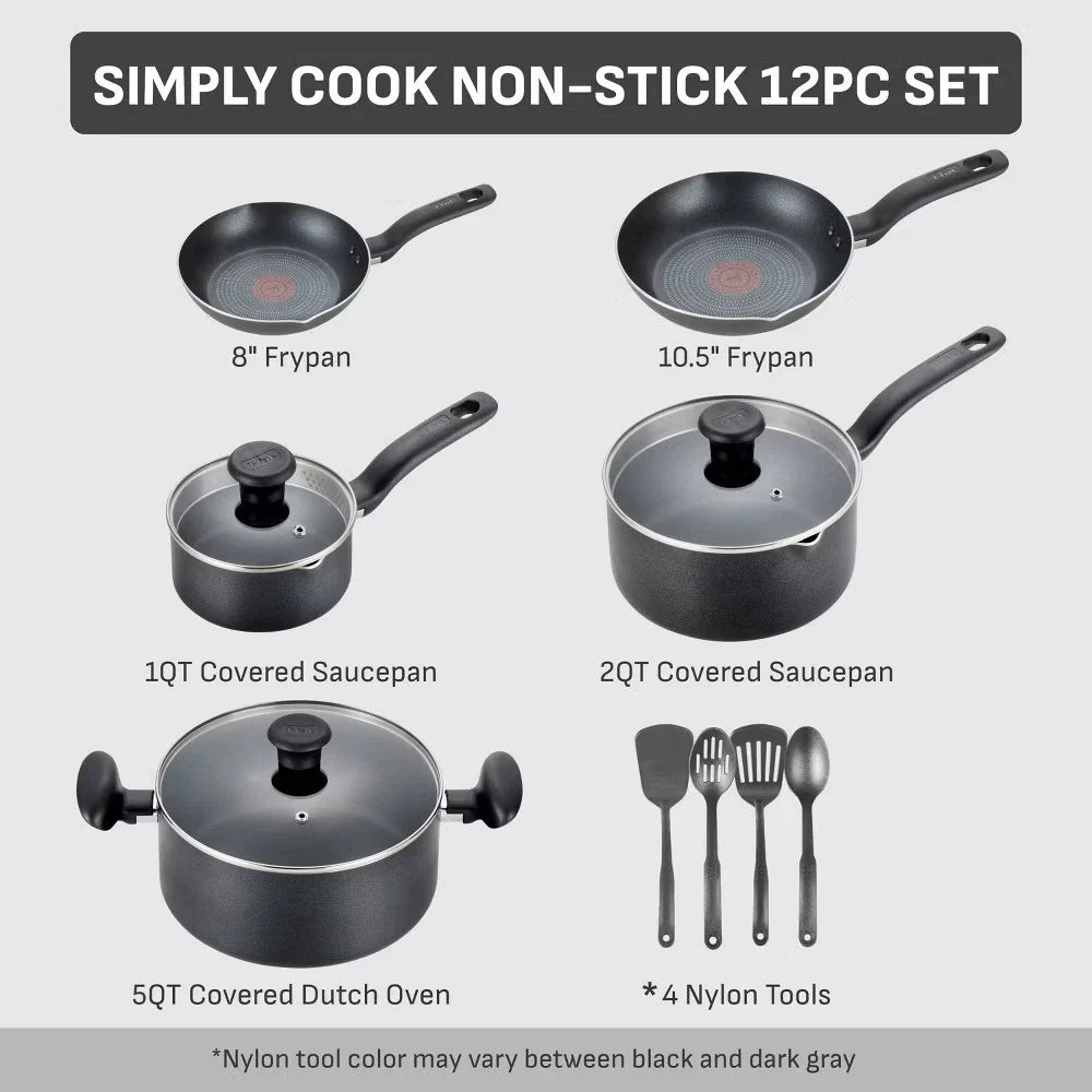 12pc Simply Cook Nonstick Cookware Set Charcoal Black: Kitchen Pan &