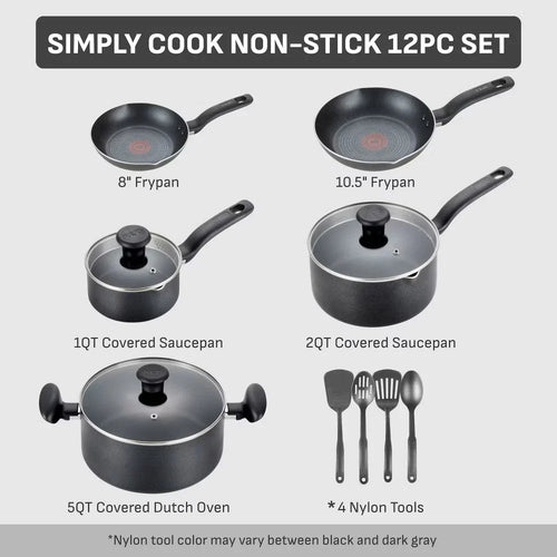 12pc Simply Cook Nonstick Cookware Set Charcoal Black: Kitchen Pan &