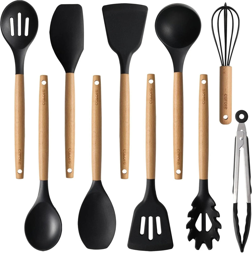 Silicone Cooking Utensil Set, 10 Pcs - Black/Wood
