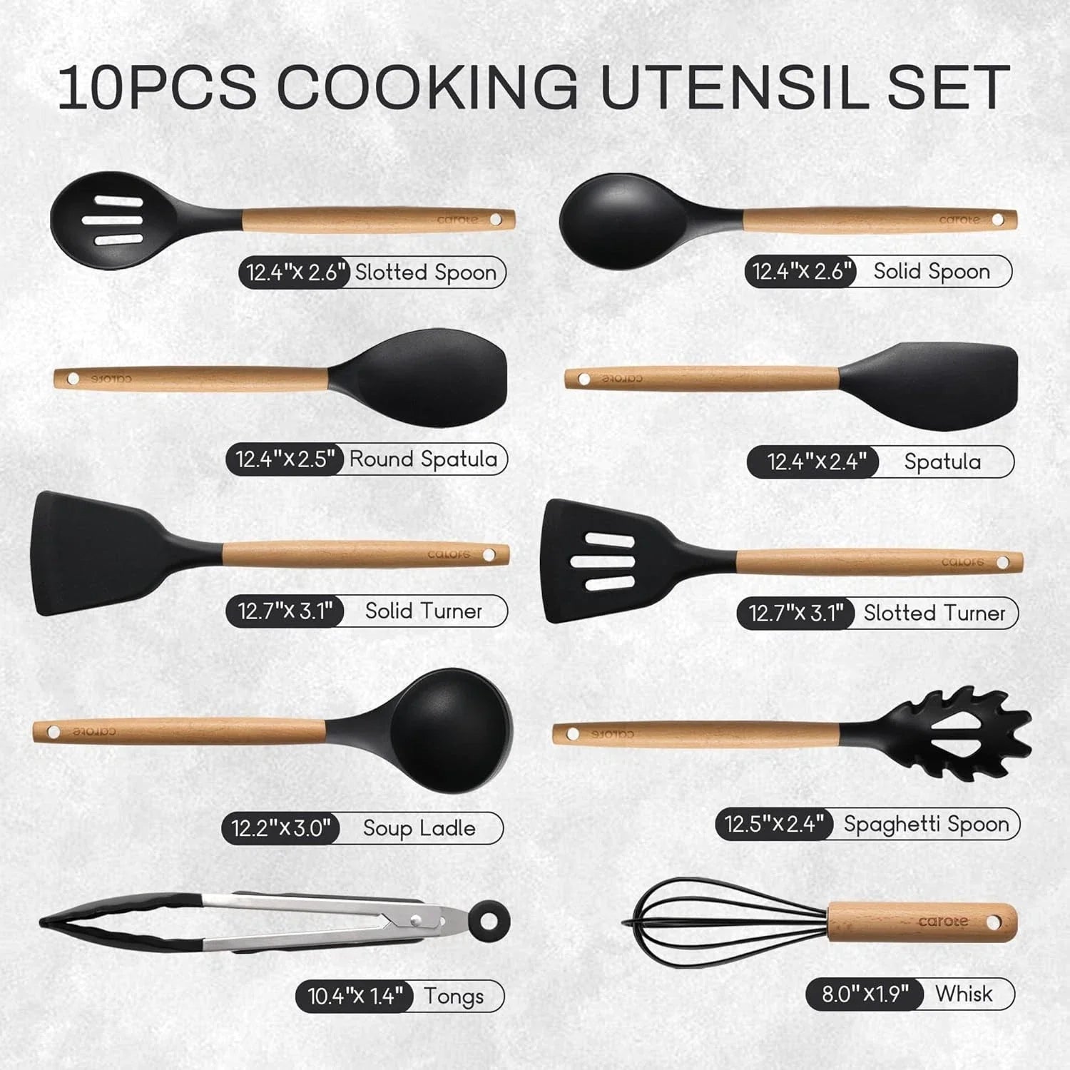 Silicone Cooking Utensil Set, 10 Pcs - Black/Wood